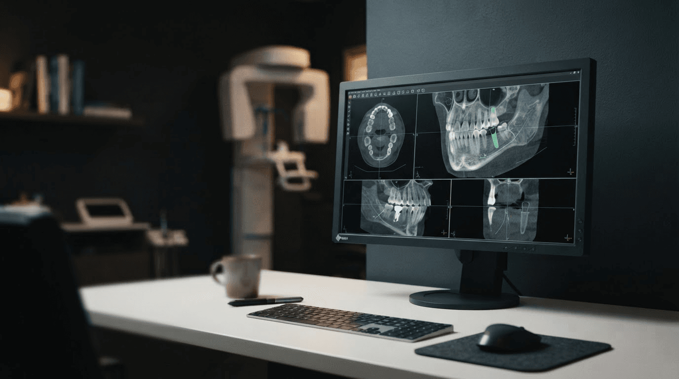 A 3D CBCT scan showing planned implant position relative to the nerve canal and sinus floor
