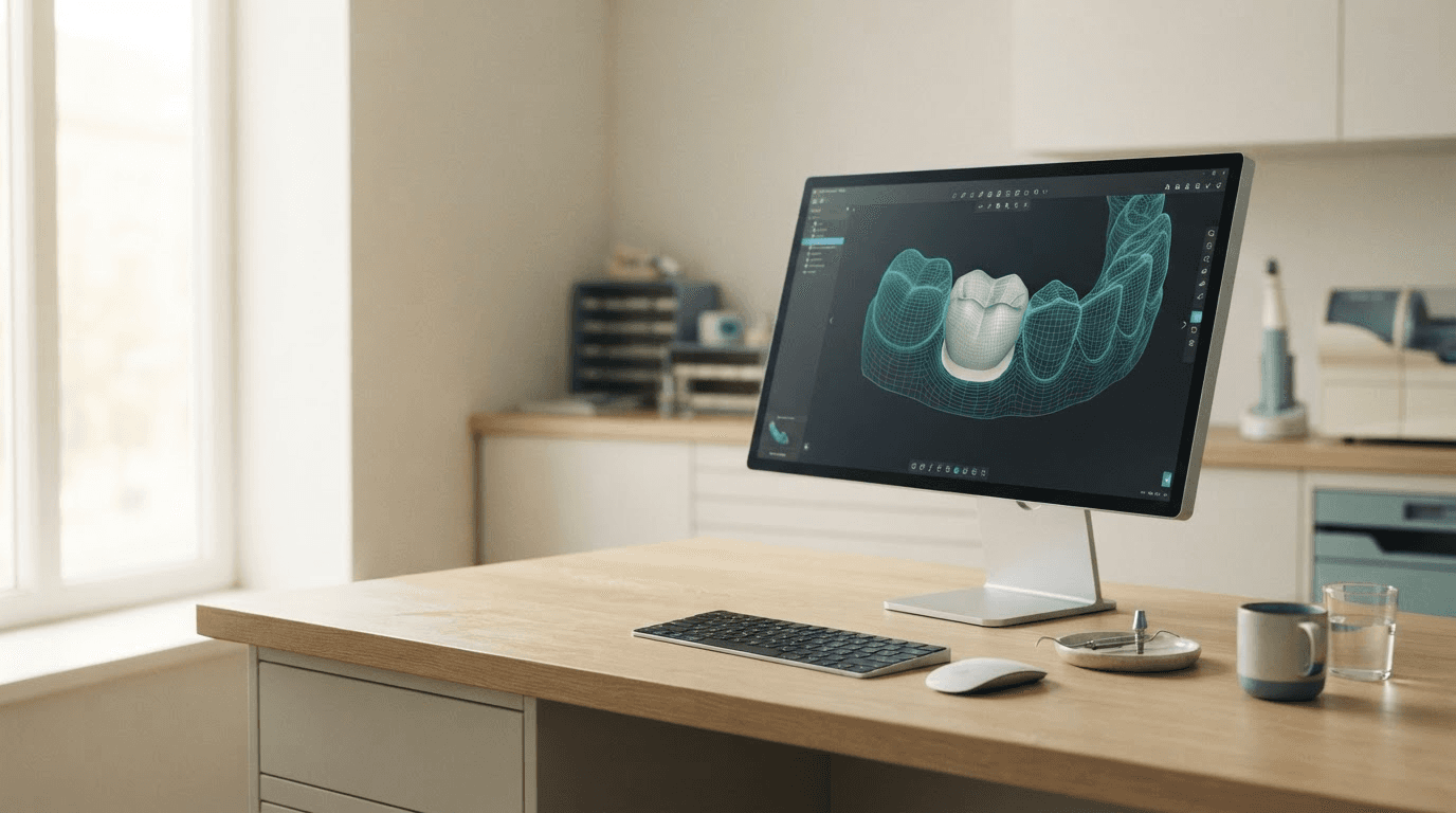 A dental lab technician reviewing an Exocad crown design on screen before export